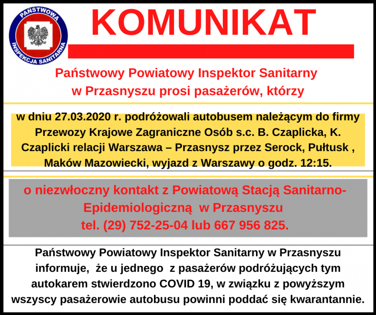 SARSCov2 w autobusie. Jedna osoba chora na Covid-19