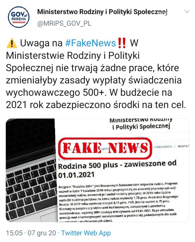Zawieszone 500 plus, fake news.