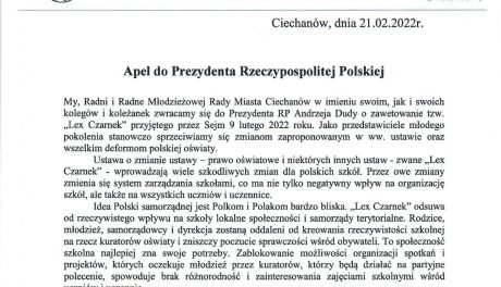 Młodzieżowa Rada Miasta Ciechanów wystosowała list do Prezydenta Andrzeja Dudy