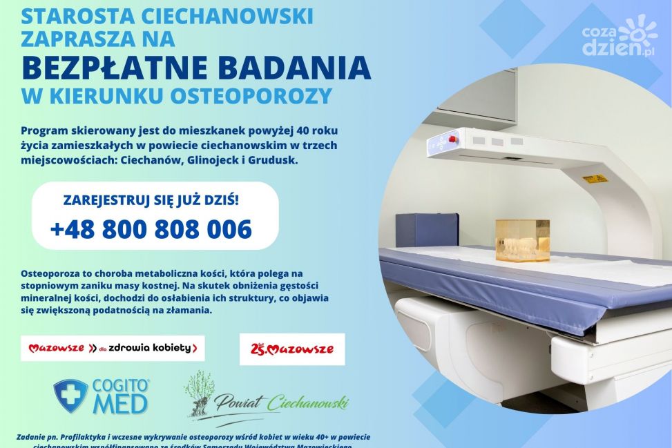 Bezpłatne badania w kierunku osteoporozy dla mieszkanek powiatu ciechanowskiego